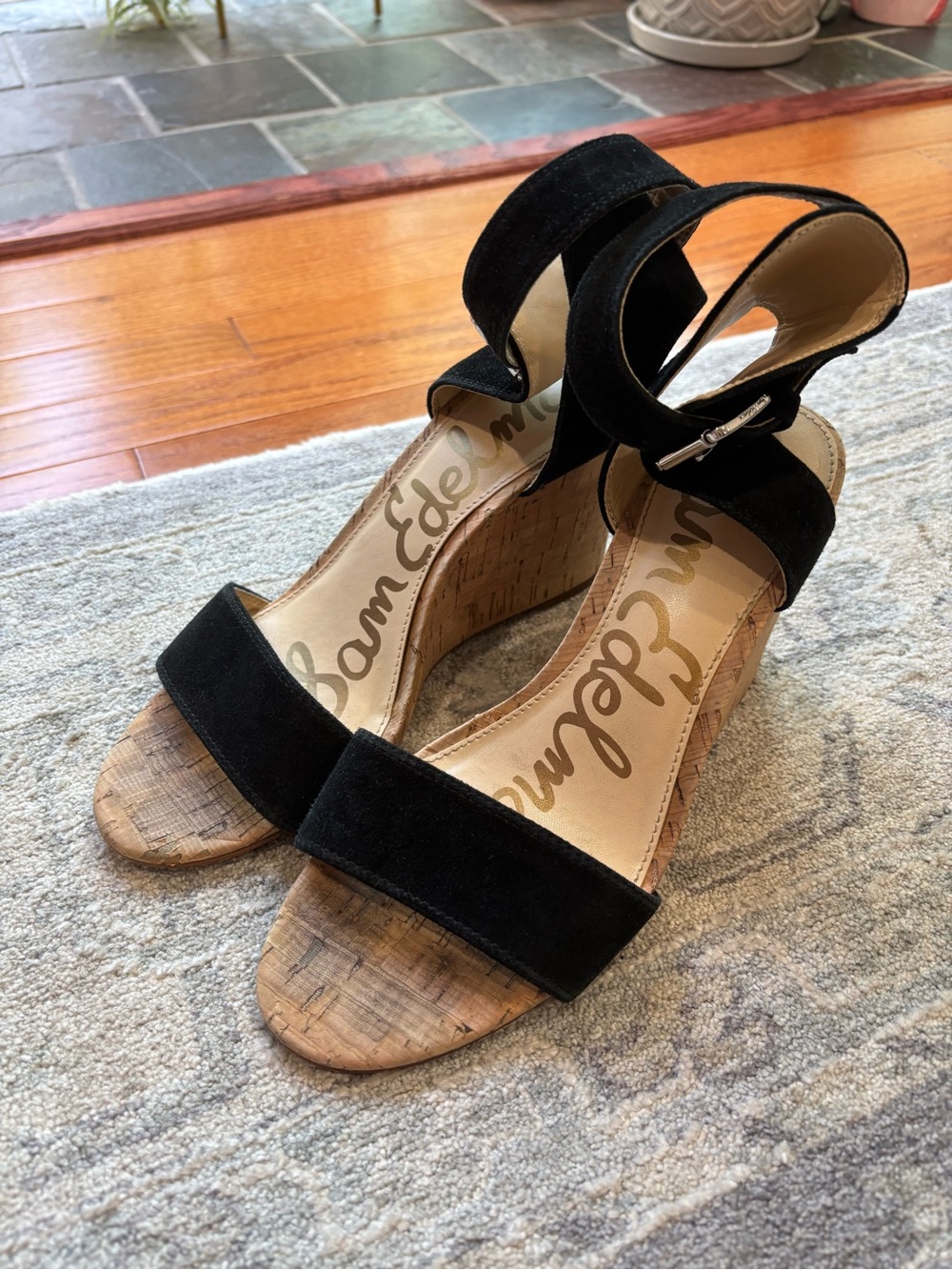 Sam Edelman Willow Black Suede Cork Wedge Sandals Size 7.5